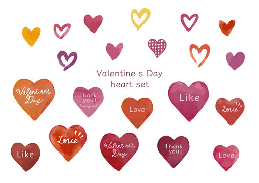 バレンタイン 水彩で描いたハートのベクターイラスト素材セット　ピンクや赤の暖色系