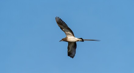 Obraz premium A bird in flight against a clear blue sky.