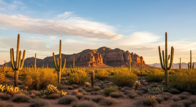 Desert landscape with saguaro cacti and mountains in the background.