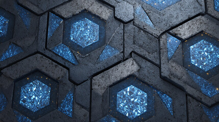 A close-up view of an abstract design featuring geometric shapes and glowing blue lights. The artwork is characterized by its intricate details and futuristic aesthetic