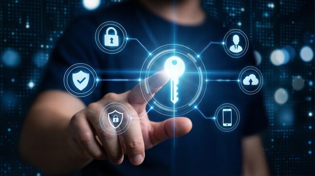 Business person touching secure passwordless authentication key icon