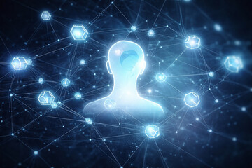 AI generated abstract human head surrounded by digital neural network connections representing artificial intelligence data connectivity machine learning and future technology