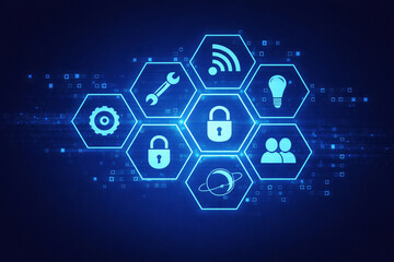 AI generated abstract digital interface with interconnected hexagon icons representing cybersecurity smart systems iot networks data management and enterprise technology infrastructure