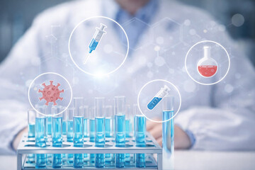 AI generated biotechnology laboratory with blue liquid test tubes and digital icons representing virus vaccine injection and pharmaceutical sample in modern medical research environment