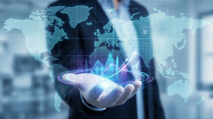 Businessman holding a glowing holographic digital world map and financial charts above his palm