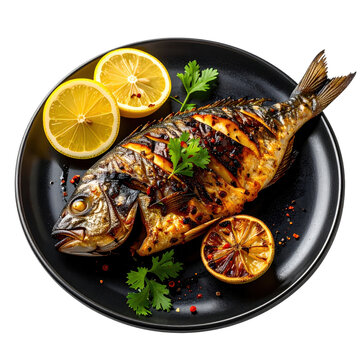 Inihaw na isda, a whole grilled fish filipino-style with a crispy skin and tender flesh, served on a plate isolated on a white background