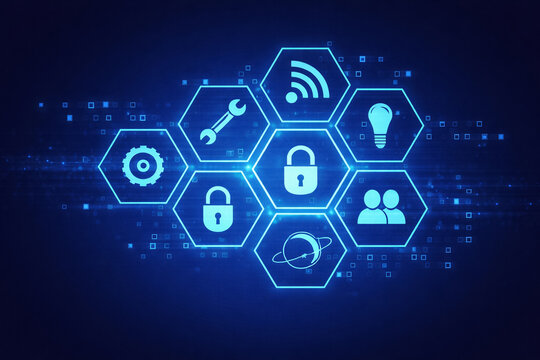 AI generated abstract digital interface with interconnected hexagon icons representing cybersecurity smart systems iot networks data management and enterprise technology infrastructure - Powered by Adobe