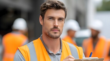 Construction supervisor with clipboard and pen inspects plans on site with team in background