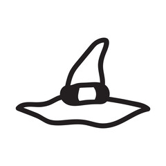 Halloween witch hat sketch in simple line art style. Cute doodle drawing with magic charm, perfect for coloring pages, vintage costume designs, and wizard-themed illustrations.