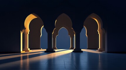 Three Illuminated Arched Corridors at Dusk with Warm Lighting and Stone Architecture arches