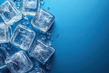 Clear ice cubes scattered on a vibrant blue background, creating a refreshing and cool aesthetic.
