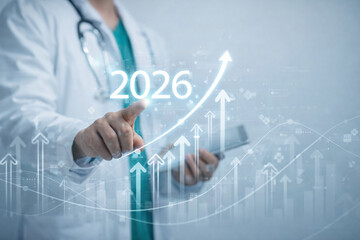 AI generated medical professional presenting 2026 growth chart and upward arrows showing healthcare innovation digital transformation and future health progress