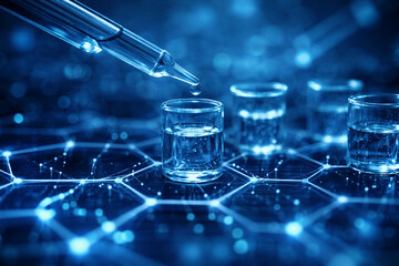 AI generated laboratory research with pipette dropping liquid into glass vials on digital molecular network representing biotechnology pharmaceutical development and biomedical science