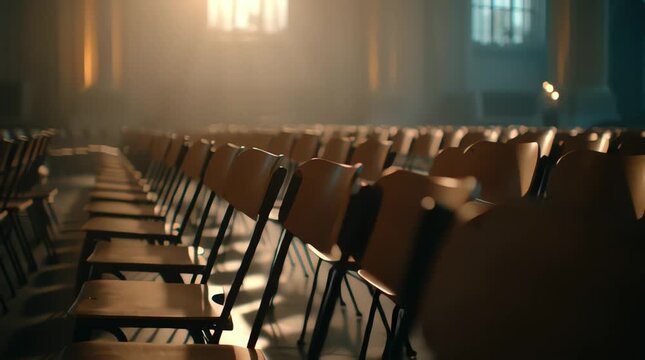 Rows of Empty Chairs in a Church Interior with Sunlight.