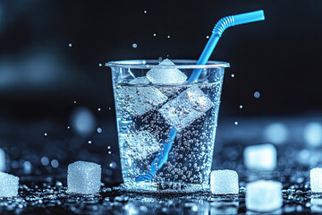 A refreshing beverage with ice cubes and sugar, served in a clear cup with a blue straw, surrounded by scattered sugar cubes and sparkling bubbles.