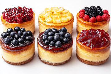 A colorful assortment of mini cheesecakes topped with various fruits, showcasing delightful flavors and textures, ideal for dessert lovers on white background .