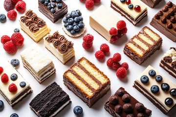 A colorful assortment of cakes and pastries featuring layers, fruits, and rich toppings, perfect for dessert lovers and special occasions on white background.