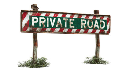 Weathered sign reading private road with red lettering isolated on white background for access restriction warning and property boundary concepts