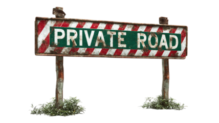 Weathered sign reading private road with red lettering isolated on white background for access restriction warning and property boundary concepts
