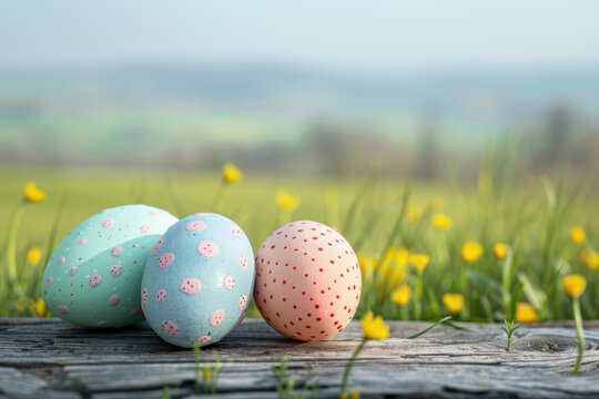 traditional decoration of colorful painted easter eggs iver wooden background in green spring field.	