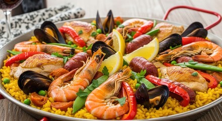 A colorful seafood paella with lemon slices and red peppers in a large pan on a wooden table.