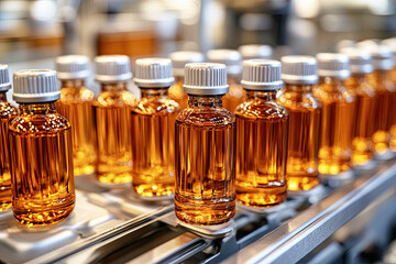 A row of amber-colored bottles filled with liquid  in a factory setting, showcasing a production line for beverages or similar products.