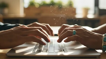 Close-up of two individuals hands actively typing on a modern laptop keyboard, showcasing collaborative work and digital connectivity in a bright, productive environment with subtle data visualizatio. - Powered by Adobe
