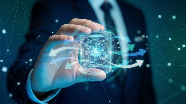 Digital transformation concept with a businessman holding a glowing data cylinder representing a core processing system and network connectivity - Powered by Adobe