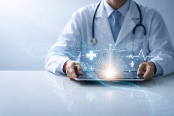 AI generated digital healthcare with doctor using tablet medical data analytics electronic health records ai systems telemedicine and modern technology for accurate diagnosis and patient care