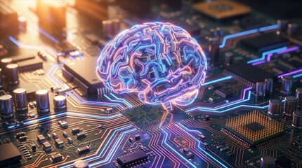 Glowing AI brain on futuristic computer circuit board, next gen computing