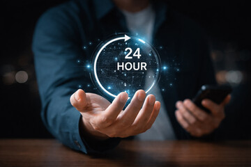AI generated hand presenting glowing 24 hour digital clock symbol representing nonstop online service customer support automation smart technology and modern business solutions