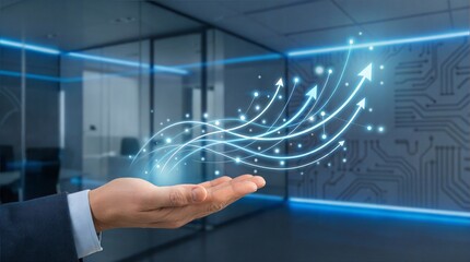 Hand Holding Abstract Startup Growth Visualization with Blue Digital Network and Modern Office Background