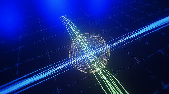Abstract digital network grid with glowing blue and green laser light beams intersecting a central luminous geometric sphere creating futuristic technology concept in dark background - Powered by Adobe