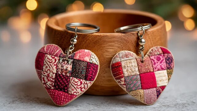 Valentine day. valentine heart keyring and keychain patchwork textile craft day gift idea, handmade fabric heart accessory warm wooden bowl soft bokeh light, romance love concept for valentine day