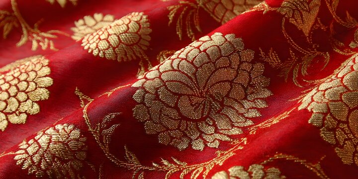 Red Silk Fabric with Gold Floral Zari Pattern, Representing Indian Luxury Textile, Wedding Elegance, and Traditional Craftsmanship