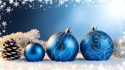 Blue christmas ornaments on snowy background with pinecone and pine needles