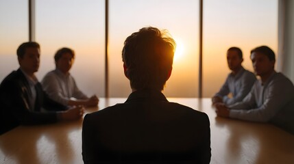 Leader silhouetted against sunrise during business meeting in conference room with team hazy dawn light