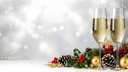 New year's eve celebration with champagne glasses and christmas decorations