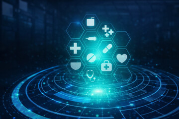 AI generated digital healthcare technology with holographic medical icons data connectivity health systems innovation telemedicine medical records and intelligent health analytics