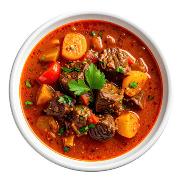 A savory mechado tomato beef stew with tender chunks of meat, potatoes, and carrots in a rich sauce, isolated on a white background