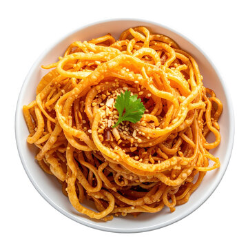Mee krob, a thai dish of sweet and crispy fried noodles with a tamarind glaze and tofu, served hot, isolated on white background