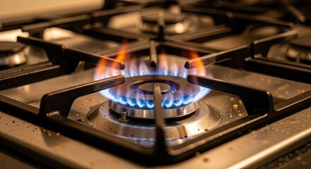 Gas stove with blue flames on a metal grate.