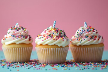 Three Colorful Sprinkle Covered Vanilla Cupcakes with White Frosting and Candles on Pastel Background