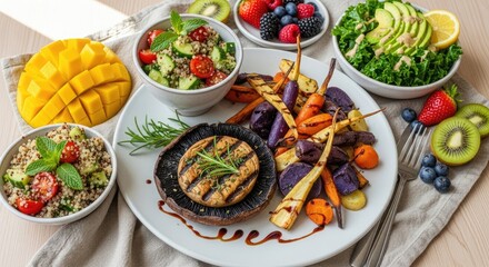 A vibrant, colorful, healthy meal featuring grilled vegetables, quinoa, and a variety of fruits and vegetables arranged on a white plate