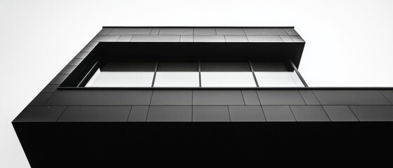 Minimalist Black Geometric Building Rooftop Corner Against White Sky architecture