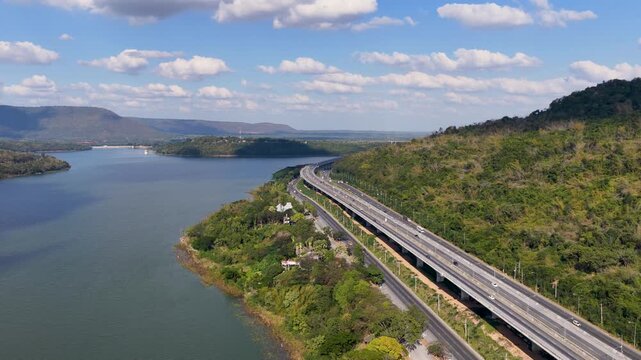 Aerial View of Elevated Motorway Running Along Lam Takhong Lake
