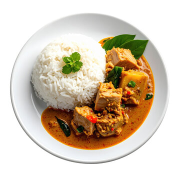 Nasi dagang, a traditional malaysian rice dish with glutinous rice, tuna curry, and pickled vegetables, served on a plate, isolated on white background