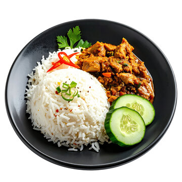 Hearty nasi dagang, a malaysian specialty combining coconut steamed rice with a thick and spicy fish curry, isolated on white background