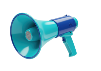 High-fidelity 3d render of a modern electric bullhorn with a glossy turquoise cone and matte dark blue body, isolated on a bright white background. Concept of urgent communication technology