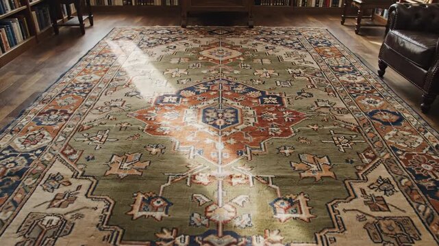 Ornate Persian Carpet Lying in Sunlight in Library